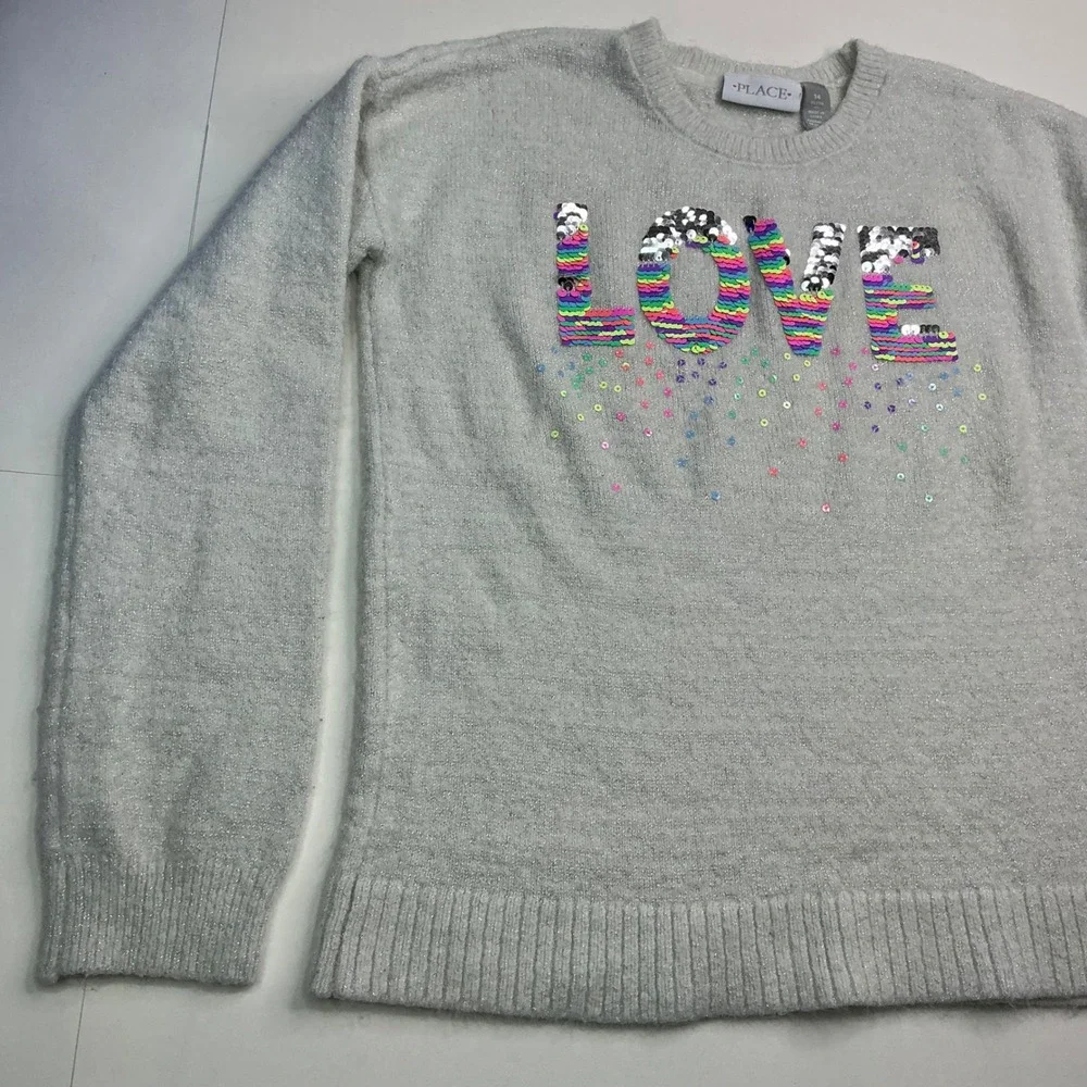 The Children's Place Grey Shimmer LOVE Sweater Girls Size 14 XL Rainbow Sequin